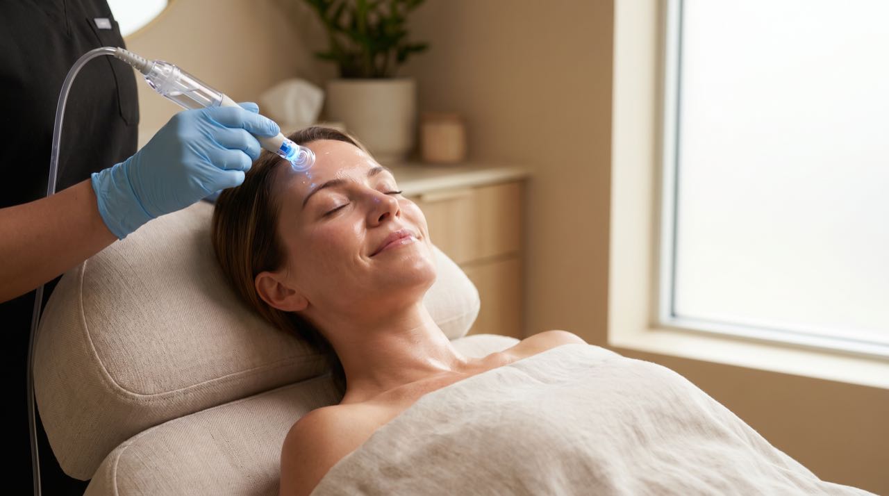 Patient smiling during a hydrafacial treatment in a warm-lit modern treatment room.