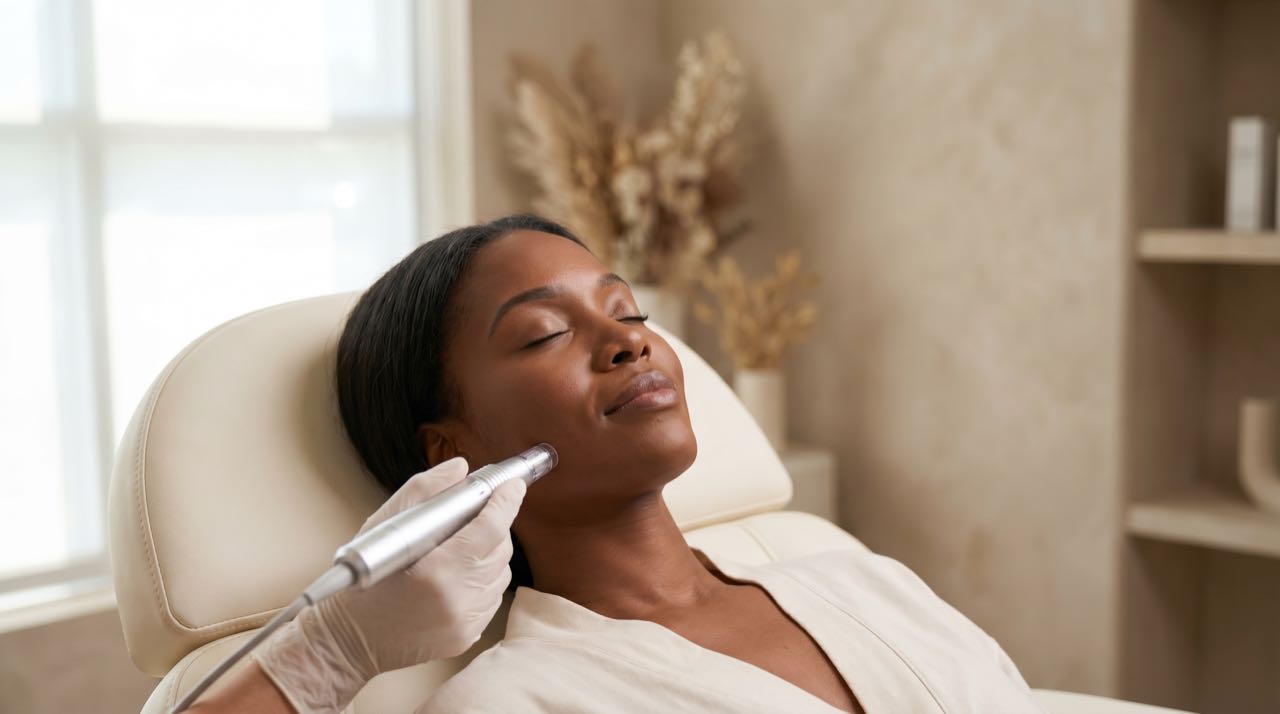 Patient relaxed during a Potenza RF microneedling treatment in a calm modern interior.