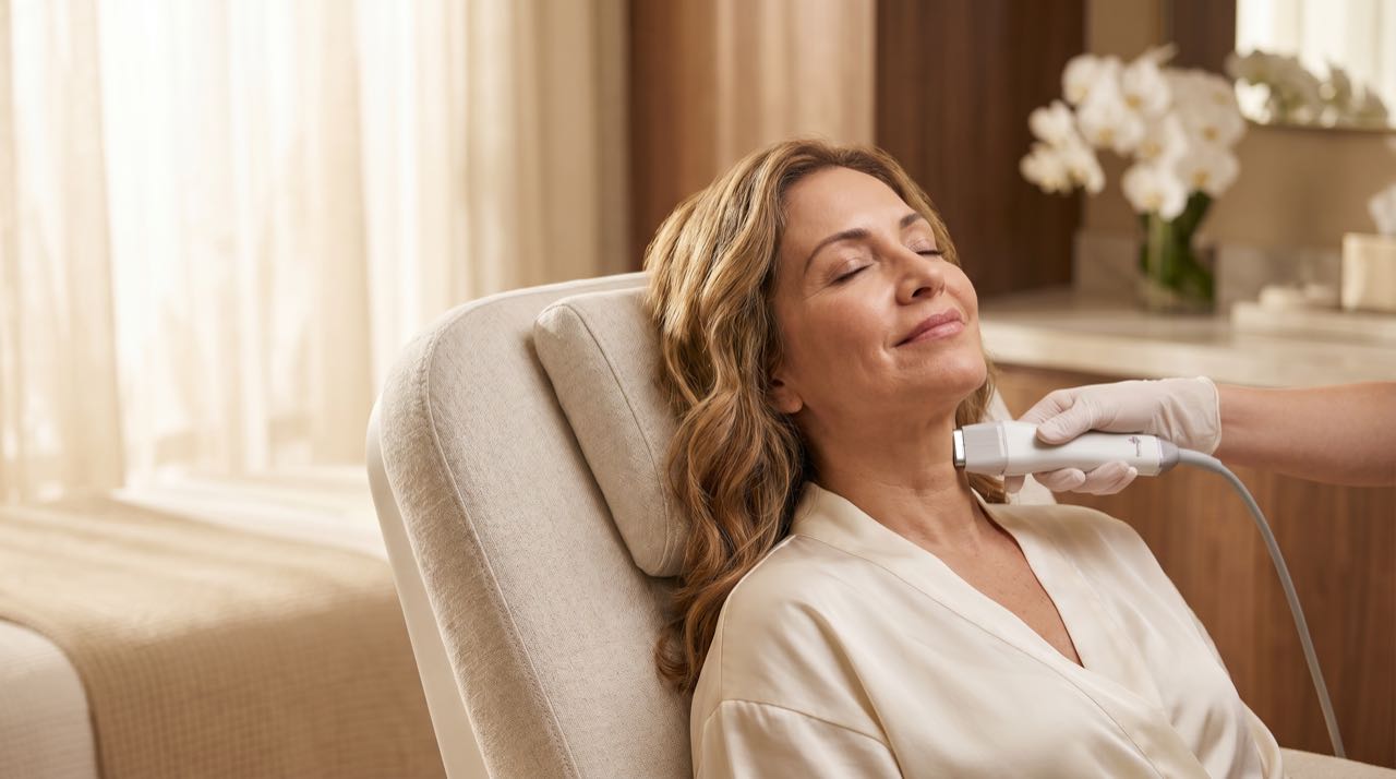 Mature patient enjoying a Thermage skin tightening treatment in a serene warm-lit setting.