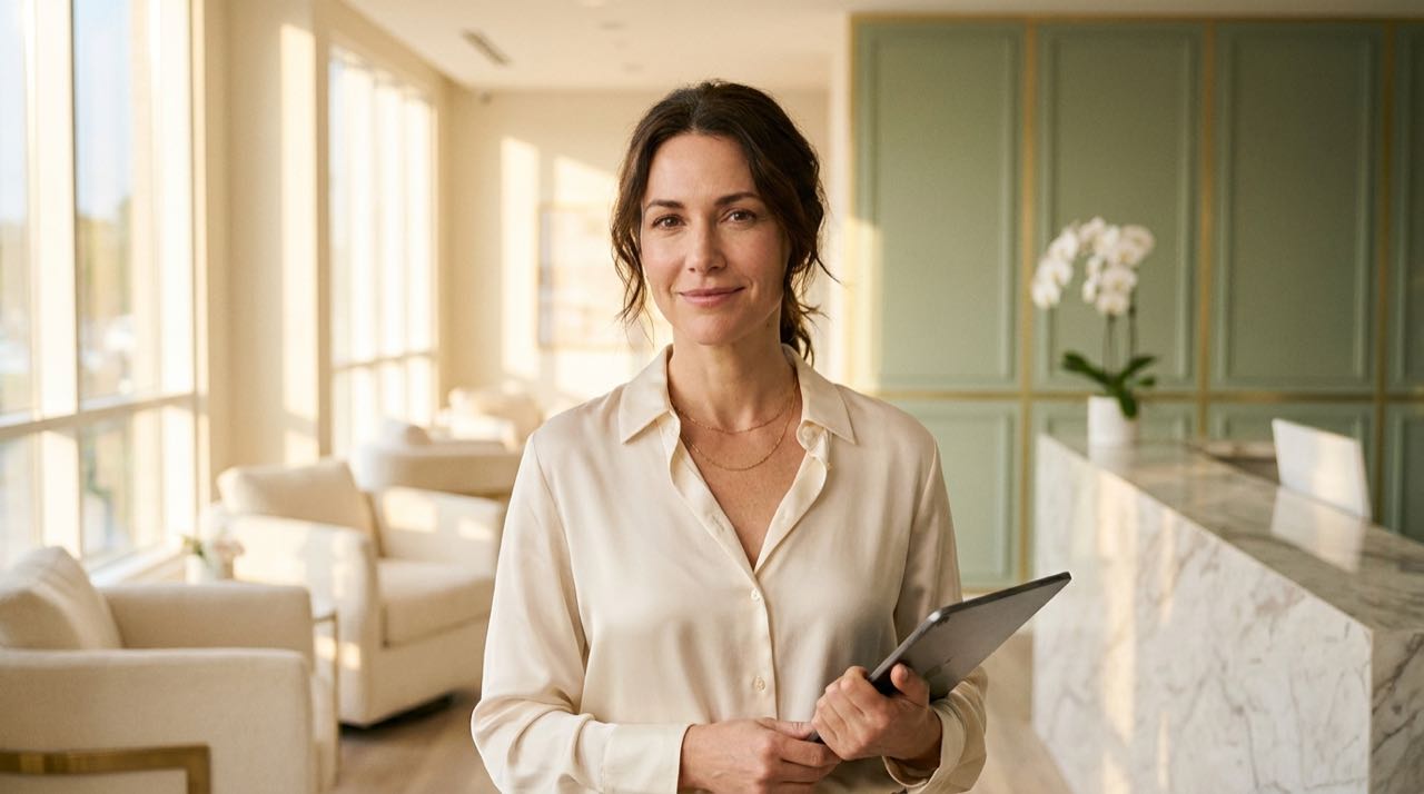 A confident med spa owner standing in her elegant front lobby at golden hour, holding a tablet, looking calmly toward the camera.