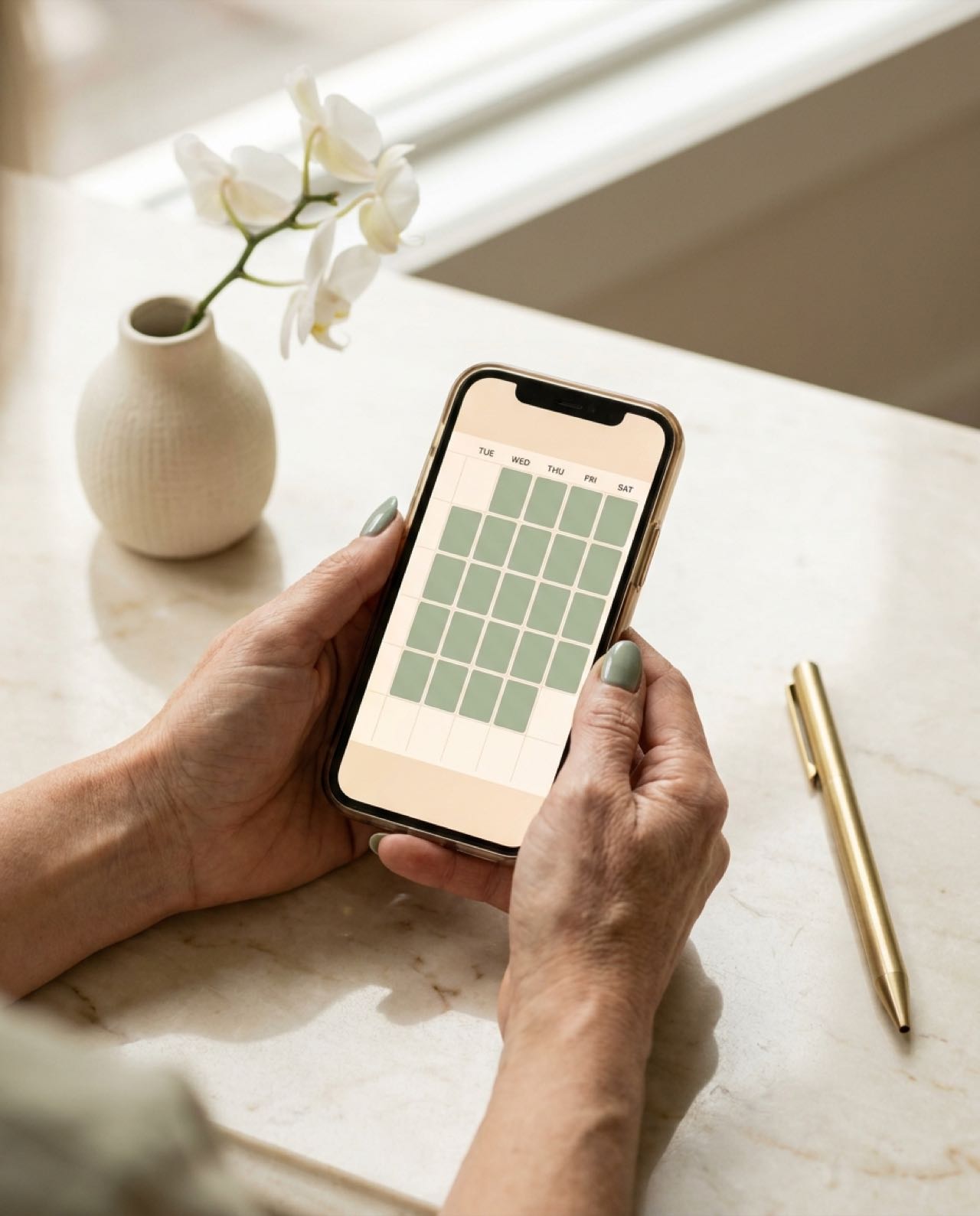 Elegant hands holding a phone showing a fully booked weekly calendar of appointment blocks, against a marble counter.