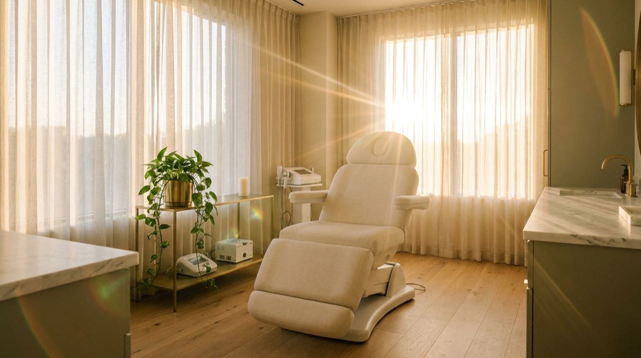 A serene aesthetic medical spa treatment room at golden hour — cream linen chair, sage walls, gauzy curtains diffusing warm light.